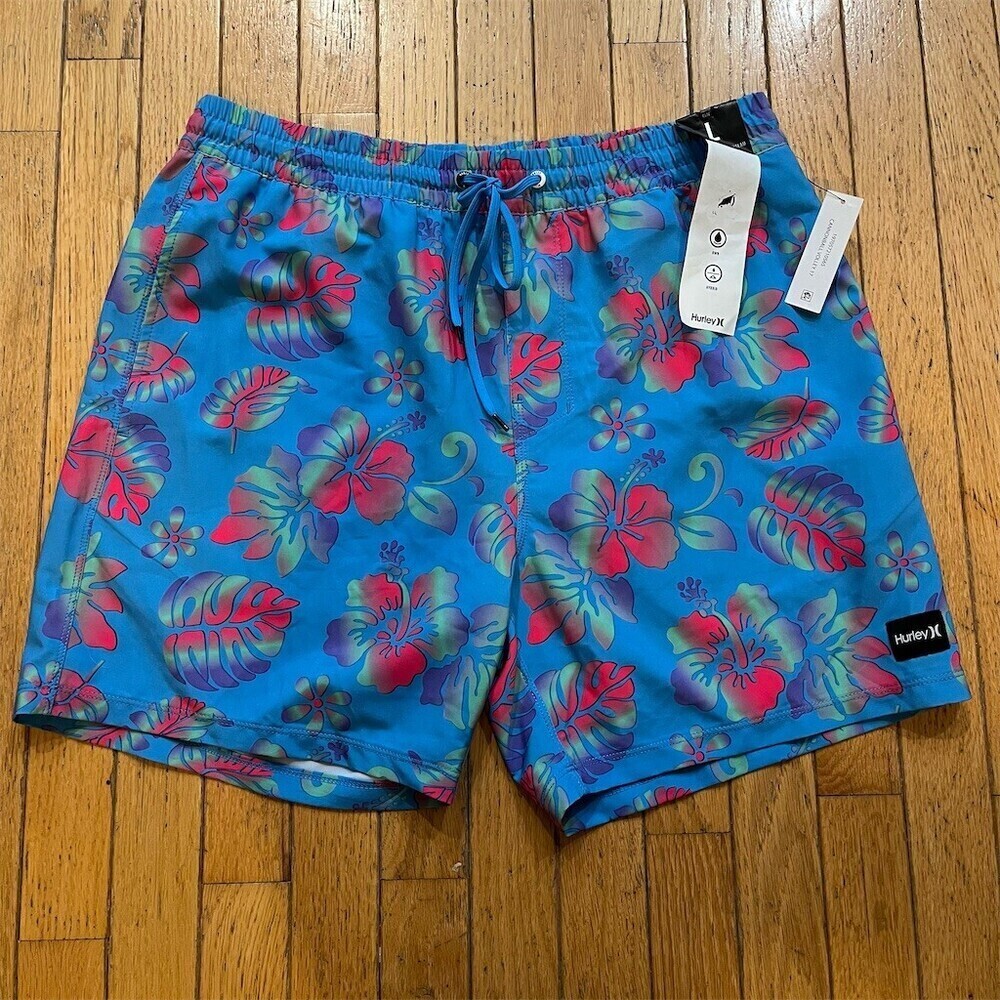 Hurley Men's Board Shorts Swim Trunks Blue Tropical Floral Print Size L 6"